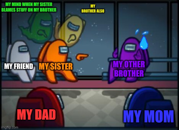 what a relatable meme am i right | MY MIND WHEN MY SISTER BLAMES STUFF ON MY BROTHER; MY BROTHER ALSO; MY FRIEND; MY SISTER; MY OTHER BROTHER; MY DAD; MY MOM | image tagged in among us blame | made w/ Imgflip meme maker
