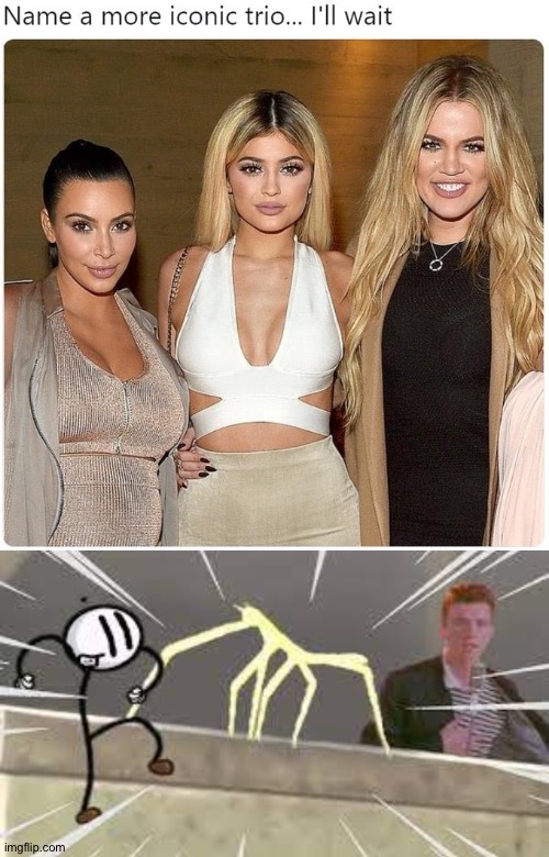 E | image tagged in name a more iconic trio,rick roll distraction stick bug | made w/ Imgflip meme maker
