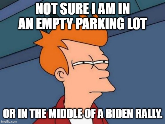Biden Rally | NOT SURE I AM IN AN EMPTY PARKING LOT; OR IN THE MIDDLE OF A BIDEN RALLY. | image tagged in memes,futurama fry | made w/ Imgflip meme maker