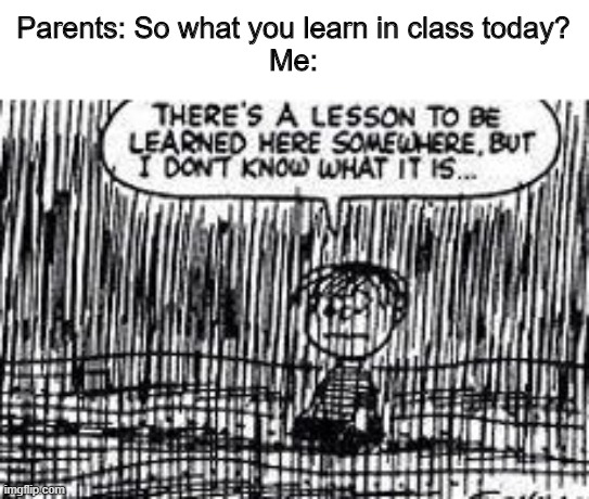 There's a lesson to be learned here somewhere | Parents: So what you learn in class today?
Me: | image tagged in there's a lesson to be learned here somewhere | made w/ Imgflip meme maker