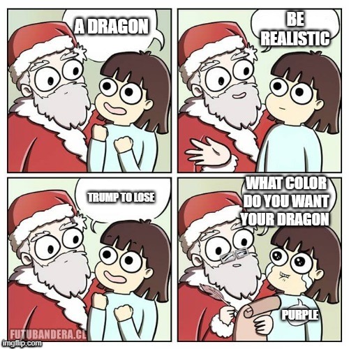 santa wish dragon | BE REALISTIC; A DRAGON; WHAT COLOR DO YOU WANT YOUR DRAGON; TRUMP TO LOSE; PURPLE | image tagged in santa wish dragon | made w/ Imgflip meme maker