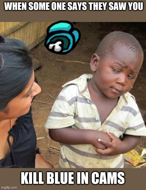 Third World Skeptical Kid | WHEN SOME ONE SAYS THEY SAW YOU; KILL BLUE IN CAMS | image tagged in memes,third world skeptical kid | made w/ Imgflip meme maker