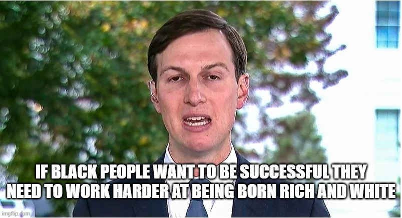 IF BLACK PEOPLE WANT TO BE SUCCESSFUL THEY NEED TO WORK HARDER AT BEING BORN RICH AND WHITE | image tagged in jared kushner,stupid | made w/ Imgflip meme maker