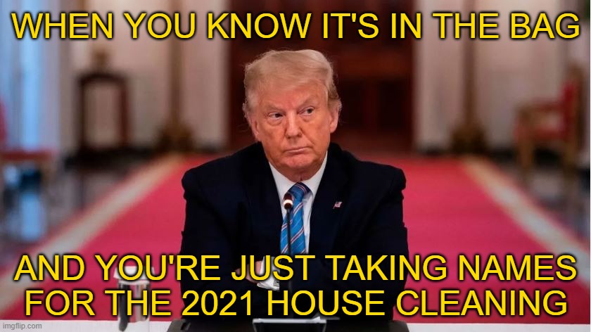 FBI, CIA and Defense Dept heads now on the chopping block. | WHEN YOU KNOW IT'S IN THE BAG; AND YOU'RE JUST TAKING NAMES
FOR THE 2021 HOUSE CLEANING | image tagged in president trump | made w/ Imgflip meme maker