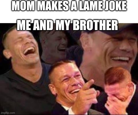 john cena laughing | MOM MAKES A LAME JOKE; ME AND MY BROTHER | image tagged in john cena laughing | made w/ Imgflip meme maker
