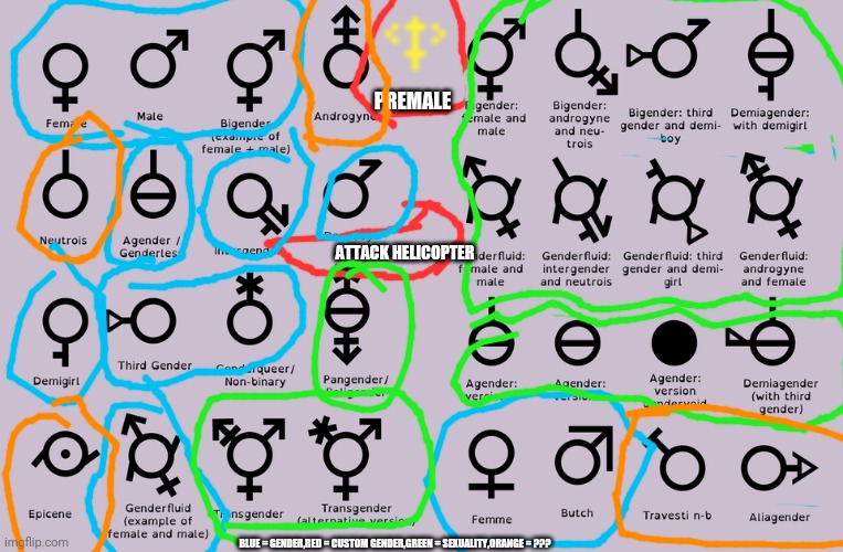 I'm sure this is correct. | PREMALE; ATTACK HELICOPTER; BLUE = GENDER,RED = CUSTOM GENDER,GREEN = SEXUALITY,ORANGE = ??? | image tagged in gender chart,charts | made w/ Imgflip meme maker