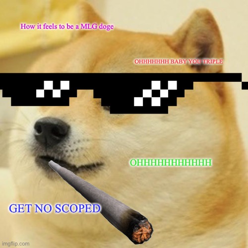 Doge |  How it feels to be a MLG doge; OHHHHHHH BABY YOU TRIPLE; OHHHHHHHHHHH; GET NO SCOPED | image tagged in memes,doge | made w/ Imgflip meme maker