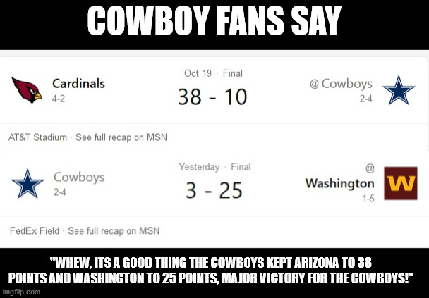 Cowboys prevented points | COWBOY FANS SAY; "WHEW, ITS A GOOD THING THE COWBOYS KEPT ARIZONA TO 38 POINTS AND WASHINGTON TO 25 POINTS, MAJOR VICTORY FOR THE COWBOYS!" | image tagged in sports | made w/ Imgflip meme maker