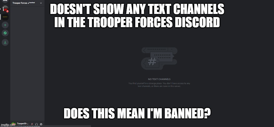 DOESN'T SHOW ANY TEXT CHANNELS IN THE TROOPER FORCES DISCORD; DOES THIS MEAN I'M BANNED? | made w/ Imgflip meme maker