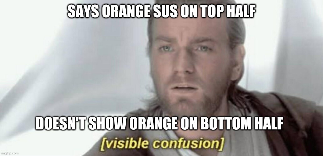 Visible Confusion | SAYS ORANGE SUS ON TOP HALF DOESN'T SHOW ORANGE ON BOTTOM HALF | image tagged in visible confusion | made w/ Imgflip meme maker