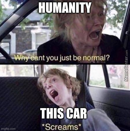 Why Can't You Just Be Normal | HUMANITY THIS CAR | image tagged in why can't you just be normal | made w/ Imgflip meme maker