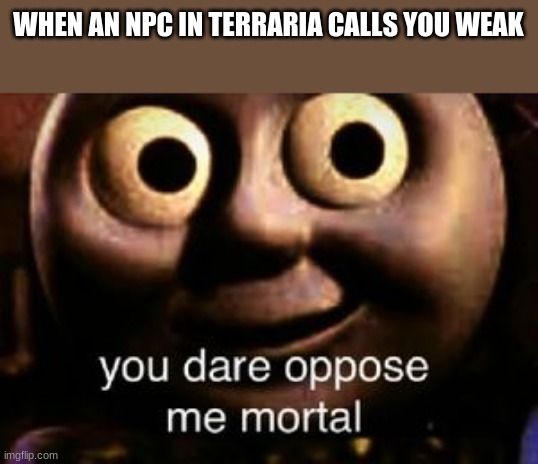 thomas the tank engine crossover meme terrairi | WHEN AN NPC IN TERRARIA CALLS YOU WEAK | image tagged in thomas the tank engine,terraria | made w/ Imgflip meme maker