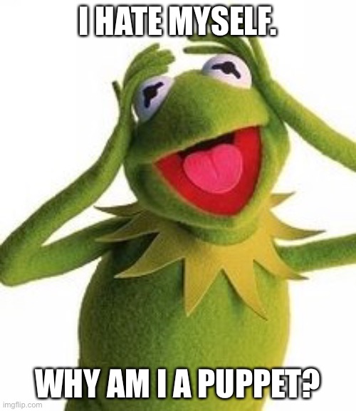 Kermit’s Doubt | I HATE MYSELF. WHY AM I A PUPPET? | image tagged in why u no trust me | made w/ Imgflip meme maker