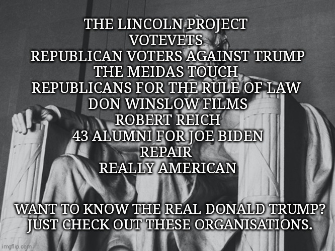 Donald's only plan is to take away your healthcare and let you die. | THE LINCOLN PROJECT 
VOTEVETS 
REPUBLICAN VOTERS AGAINST TRUMP
THE MEIDAS TOUCH 
REPUBLICANS FOR THE RULE OF LAW 
DON WINSLOW FILMS
ROBERT REICH
43 ALUMNI FOR JOE BIDEN
REPAIR 
REALLY AMERICAN; WANT TO KNOW THE REAL DONALD TRUMP? 
JUST CHECK OUT THESE ORGANISATIONS. | image tagged in memes,donald trump,trump unfit unqualified dangerous,sociopath,covid-19,unemployment | made w/ Imgflip meme maker