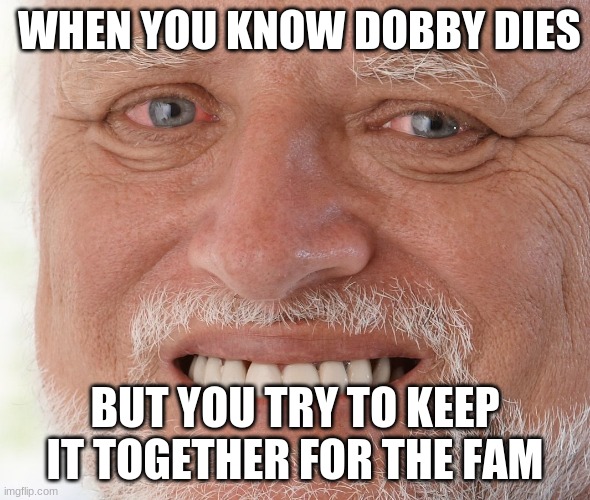 Hide the Pain Harold | WHEN YOU KNOW DOBBY DIES; BUT YOU TRY TO KEEP IT TOGETHER FOR THE FAM | image tagged in hide the pain harold | made w/ Imgflip meme maker