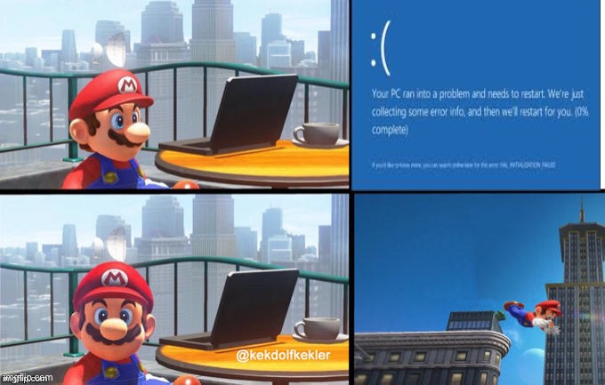 Mario needs a new pc | image tagged in mario jumps off of a building | made w/ Imgflip meme maker