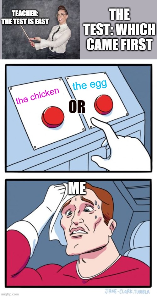 two buttons | TEACHER: THE TEST IS EASY; THE TEST: WHICH CAME FIRST; OR; the egg; the chicken; ME | image tagged in memes,two buttons,teachers,school,funny,school meme | made w/ Imgflip meme maker