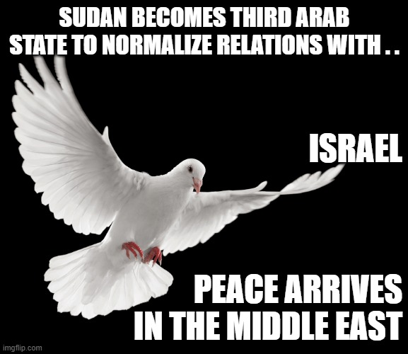 Peace Arrives in the Middle East |  SUDAN BECOMES THIRD ARAB STATE TO NORMALIZE RELATIONS WITH . . ISRAEL; PEACE ARRIVES IN THE MIDDLE EAST | image tagged in peace dove,middle east,israel,peace,arab | made w/ Imgflip meme maker