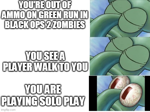 Blank White Template | YOU'RE OUT OF AMMO ON GREEN RUN IN BLACK OPS 2 ZOMBIES; YOU SEE A PLAYER WALK TO YOU; YOU ARE PLAYING SOLO PLAY | image tagged in blank white template | made w/ Imgflip meme maker