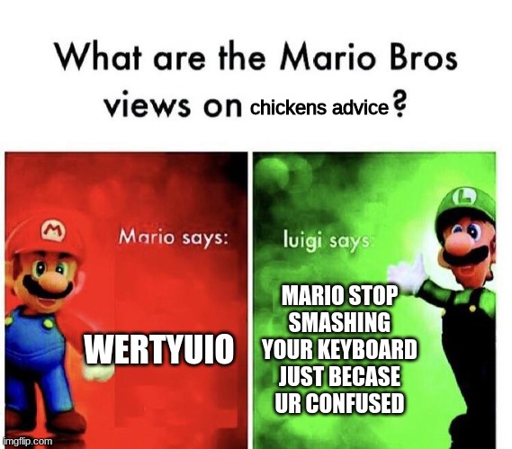 Mario Bros Views | WERTYUIO MARIO STOP SMASHING YOUR KEYBOARD JUST BECASE UR CONFUSED chickens advice | image tagged in mario bros views | made w/ Imgflip meme maker