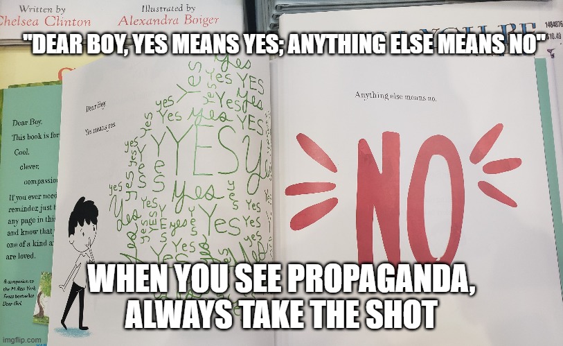 Always take the shot and share it | "DEAR BOY, YES MEANS YES; ANYTHING ELSE MEANS NO"; WHEN YOU SEE PROPAGANDA, ALWAYS TAKE THE SHOT | image tagged in dear boy,children,book,kidlit,propaganda,1984 | made w/ Imgflip meme maker