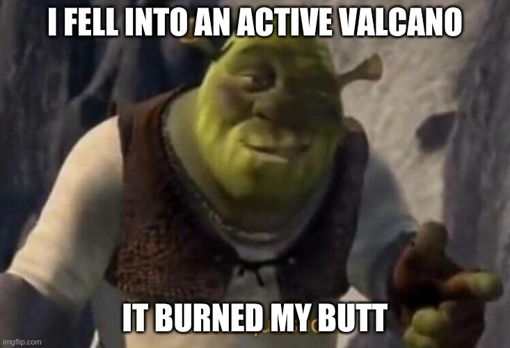 Shrek good question | I FELL INTO AN ACTIVE VALCANO; IT BURNED MY BUTT | image tagged in shrek good question | made w/ Imgflip meme maker