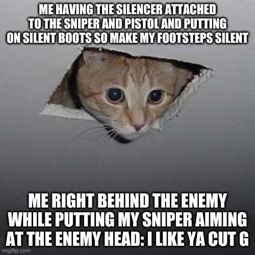 warface | ME HAVING THE SILENCER ATTACHED TO THE SNIPER AND PISTOL AND PUTTING ON SILENT BOOTS SO MAKE MY FOOTSTEPS SILENT; ME RIGHT BEHIND THE ENEMY WHILE PUTTING MY SNIPER AIMING AT THE ENEMY HEAD: I LIKE YA CUT G | image tagged in memes,ceiling cat | made w/ Imgflip meme maker
