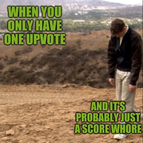 Sad boi | WHEN YOU ONLY HAVE ONE UPVOTE; AND IT'S PROBABLY JUST A SCORE WHORE | image tagged in memes | made w/ Imgflip meme maker