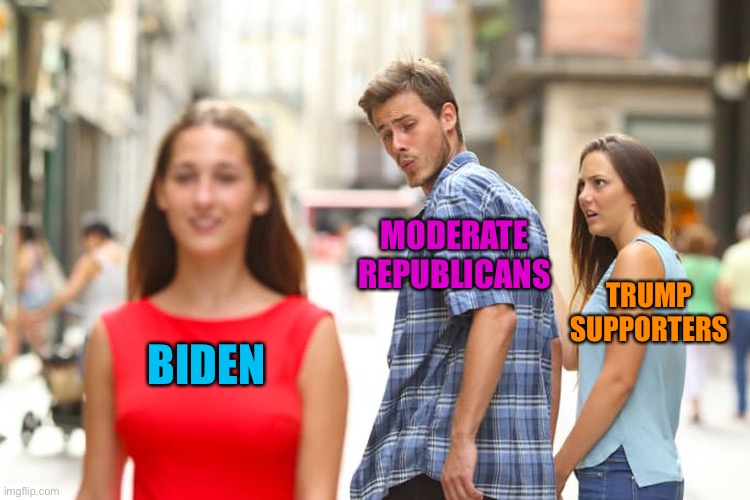 Distracted Boyfriend Meme | BIDEN MODERATE REPUBLICANS TRUMP SUPPORTERS | image tagged in memes,distracted boyfriend | made w/ Imgflip meme maker