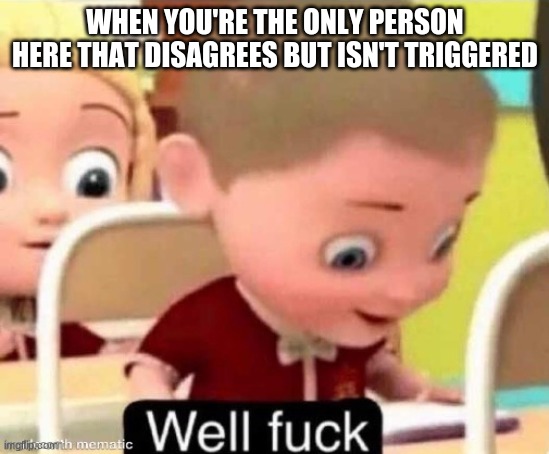 well f**k | WHEN YOU'RE THE ONLY PERSON HERE THAT DISAGREES BUT ISN'T TRIGGERED | image tagged in well f k | made w/ Imgflip meme maker