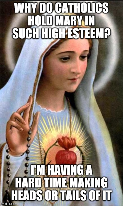 I understand that, as the mother of our Lord, she is to be commended, but the reverence Catholics have for her seems a bit overb | WHY DO CATHOLICS HOLD MARY IN SUCH HIGH ESTEEM? I'M HAVING A HARD TIME MAKING HEADS OR TAILS OF IT | image tagged in virgin mary | made w/ Imgflip meme maker