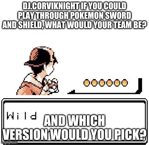 Please tell me in the comments DJ.Corviknight | DJ.CORVIKNIGHT IF YOU COULD PLAY THROUGH POKEMON SWORD AND SHIELD, WHAT WOULD YOUR TEAM BE? AND WHICH VERSION WOULD YOU PICK? | image tagged in blank wild pokemon appears | made w/ Imgflip meme maker