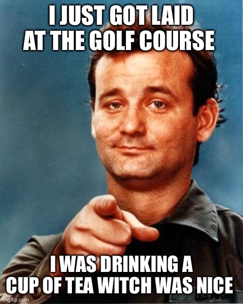 Bill Murray  | I JUST GOT LAID AT THE GOLF COURSE; I WAS DRINKING A CUP OF TEA WITCH WAS NICE | image tagged in bill murray | made w/ Imgflip meme maker