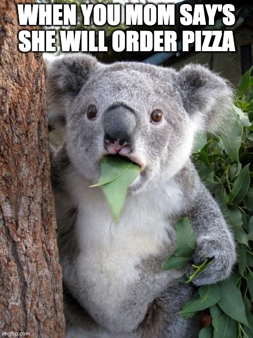 Surprised Koala | WHEN YOU MOM SAY'S SHE WILL ORDER PIZZA | image tagged in memes,surprised koala | made w/ Imgflip meme maker