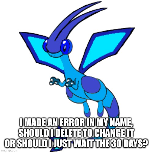 I MADE AN ERROR IN MY NAME, SHOULD I DELETE TO CHANGE IT OR SHOULD I JUST WAIT THE 30 DAYS? | made w/ Imgflip meme maker