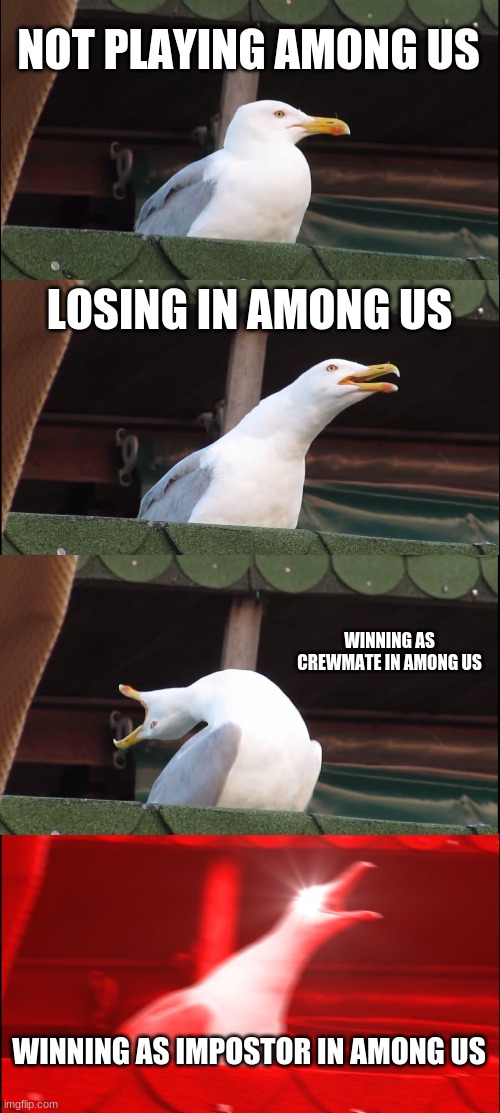 Inhaling Seagull | NOT PLAYING AMONG US; LOSING IN AMONG US; WINNING AS CREWMATE IN AMONG US; WINNING AS IMPOSTOR IN AMONG US | image tagged in memes,inhaling seagull | made w/ Imgflip meme maker