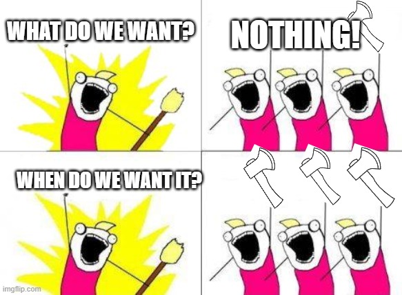 What Do We Want Meme | WHAT DO WE WANT? NOTHING! WHEN DO WE WANT IT? | image tagged in memes,what do we want | made w/ Imgflip meme maker