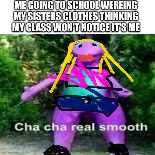 cha cha real smooth |  ME GOING TO SCHOOL WEREING MY SISTERS CLOTHES THINKING MY CLASS WON'T NOTICE IT'S ME | image tagged in cha cha real smooth | made w/ Imgflip meme maker