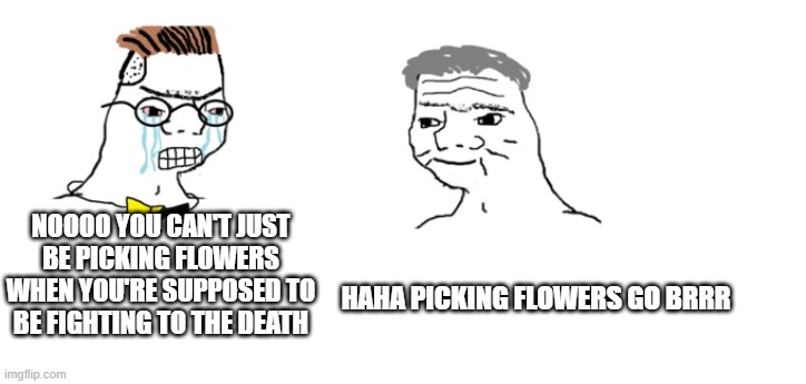 nooo haha go brrr | NOOOO YOU CAN'T JUST BE PICKING FLOWERS WHEN YOU'RE SUPPOSED TO BE FIGHTING TO THE DEATH HAHA PICKING FLOWERS GO BRRR | image tagged in nooo haha go brrr | made w/ Imgflip meme maker