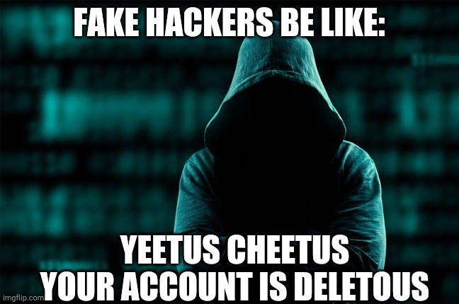 Fake hackers be like: | FAKE HACKERS BE LIKE:; YEETUS CHEETUS YOUR ACCOUNT IS DELETOUS | image tagged in bruh moment,hacking,hackers | made w/ Imgflip meme maker