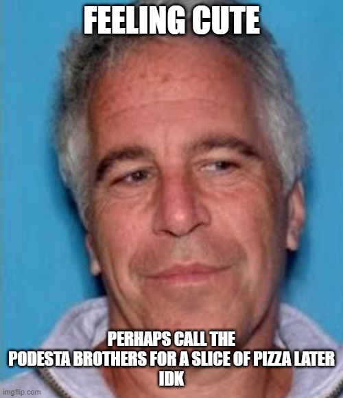 epstein pizza without garlic | FEELING CUTE; PERHAPS CALL THE PODESTA BROTHERS FOR A SLICE OF PIZZA LATER
IDK | image tagged in epstein mugshot | made w/ Imgflip meme maker