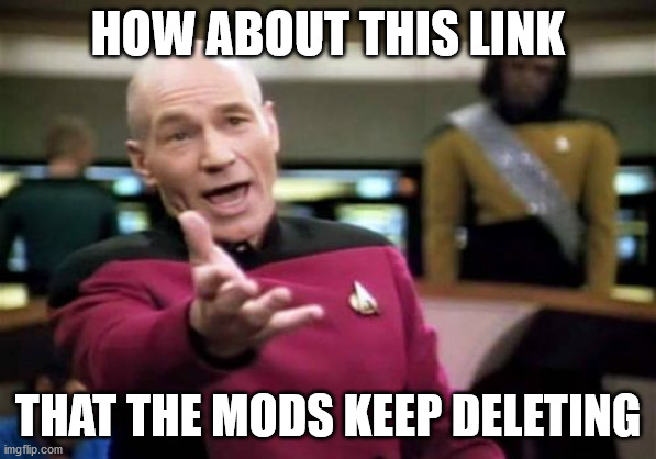 Picard Wtf Meme | HOW ABOUT THIS LINK THAT THE MODS KEEP DELETING | image tagged in memes,picard wtf | made w/ Imgflip meme maker