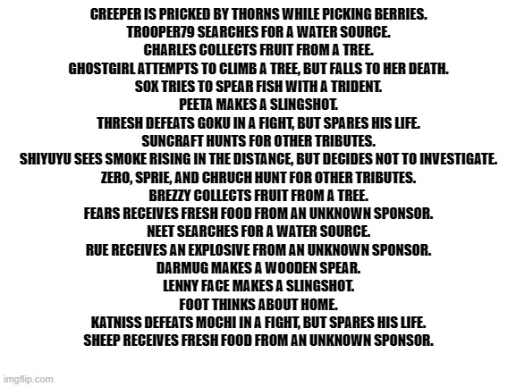 i go killing | CREEPER IS PRICKED BY THORNS WHILE PICKING BERRIES.

TROOPER79 SEARCHES FOR A WATER SOURCE.

CHARLES COLLECTS FRUIT FROM A TREE.

GHOSTGIRL ATTEMPTS TO CLIMB A TREE, BUT FALLS TO HER DEATH.

SOX TRIES TO SPEAR FISH WITH A TRIDENT.

PEETA MAKES A SLINGSHOT.

THRESH DEFEATS GOKU IN A FIGHT, BUT SPARES HIS LIFE.

SUNCRAFT HUNTS FOR OTHER TRIBUTES.

SHIYUYU SEES SMOKE RISING IN THE DISTANCE, BUT DECIDES NOT TO INVESTIGATE.

ZERO, SPRIE, AND CHRUCH HUNT FOR OTHER TRIBUTES.

BREZZY COLLECTS FRUIT FROM A TREE.

FEARS RECEIVES FRESH FOOD FROM AN UNKNOWN SPONSOR.

NEET SEARCHES FOR A WATER SOURCE.

RUE RECEIVES AN EXPLOSIVE FROM AN UNKNOWN SPONSOR.

DARMUG MAKES A WOODEN SPEAR.

LENNY FACE MAKES A SLINGSHOT.

FOOT THINKS ABOUT HOME.

KATNISS DEFEATS MOCHI IN A FIGHT, BUT SPARES HIS LIFE.

SHEEP RECEIVES FRESH FOOD FROM AN UNKNOWN SPONSOR. | image tagged in blank white template | made w/ Imgflip meme maker