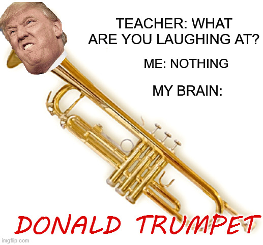 Don't know if this counts as politics, but it has Trump, sooooo I'll just go with it... :/ | TEACHER: WHAT ARE YOU LAUGHING AT? ME: NOTHING; MY BRAIN:; DONALD TRUMPET | image tagged in trump,trumpet,teacher what are you laughing at | made w/ Imgflip meme maker