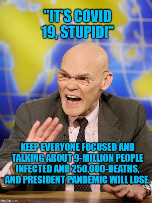 Stay On Topic For Seven More Days! | "IT'S COVID 19, STUPID!"; KEEP EVERYONE FOCUSED AND TALKING ABOUT 9-MILLION PEOPLE INFECTED AND 250,000-DEATHS, AND PRESIDENT PANDEMIC WILL LOSE. | image tagged in politics | made w/ Imgflip meme maker