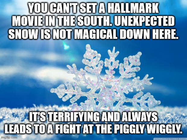 No Hallmark Christmas movie in South. Snow is terrifying. | YOU CAN'T SET A HALLMARK MOVIE IN THE SOUTH. UNEXPECTED SNOW IS NOT MAGICAL DOWN HERE. IT'S TERRIFYING AND ALWAYS LEADS TO A FIGHT AT THE PIGGLY WIGGLY. | image tagged in snowflake | made w/ Imgflip meme maker