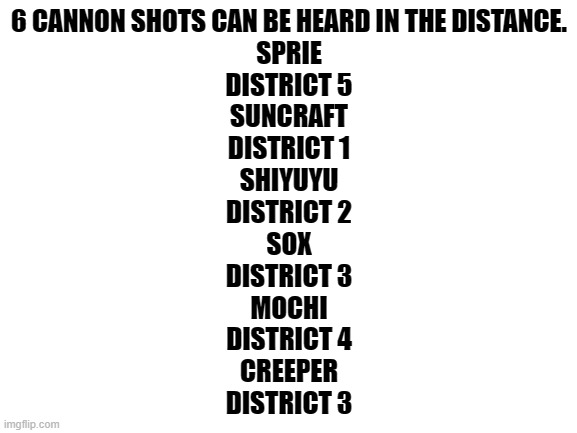 death | 6 CANNON SHOTS CAN BE HEARD IN THE DISTANCE.

SPRIE
DISTRICT 5

SUNCRAFT
DISTRICT 1

SHIYUYU
DISTRICT 2

SOX
DISTRICT 3

MOCHI
DISTRICT 4

CREEPER
DISTRICT 3 | image tagged in blank white template | made w/ Imgflip meme maker