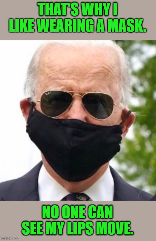 Biden mask | THAT'S WHY I LIKE WEARING A MASK. NO ONE CAN SEE MY LIPS MOVE. | image tagged in biden mask | made w/ Imgflip meme maker