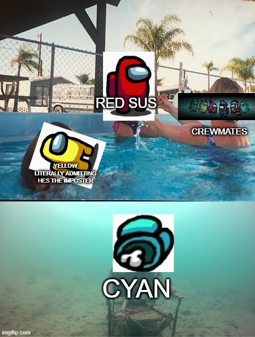 The Very Truth.... | RED SUS; CREWMATES; YELLOW LITERALLY ADMITTING HES THE IMPOSTER; CYAN | image tagged in mother ignoring kid drowning in a pool | made w/ Imgflip meme maker