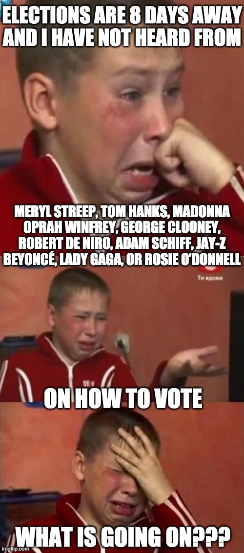 Election 2020 | ELECTIONS ARE 8 DAYS AWAY
AND I HAVE NOT HEARD FROM; MERYL STREEP, TOM HANKS, MADONNA

OPRAH WINFREY, GEORGE CLOONEY,
ROBERT DE NIRO, ADAM SCHIFF, JAY-Z
BEYONCÉ, LADY GAGA, OR ROSIE O’DONNELL; ON HOW TO VOTE; WHAT IS GOING ON??? | image tagged in crying ukrainian kid 3 panel,election 2020,celebrities where are you | made w/ Imgflip meme maker